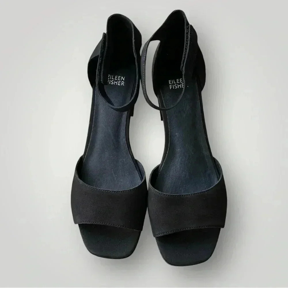 EILEEN FISHER Viva Ankle Strap Sandal Nubuk Black Sz 9.5 - Picture 2 of 7